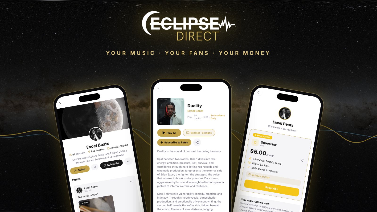 Three phones showing Eclipse Direct screens: an artist profile with Follow and Subscribe buttons, the album page for Duality with Play All and a digital booklet, and a $5 a month Supporter subscription tier.