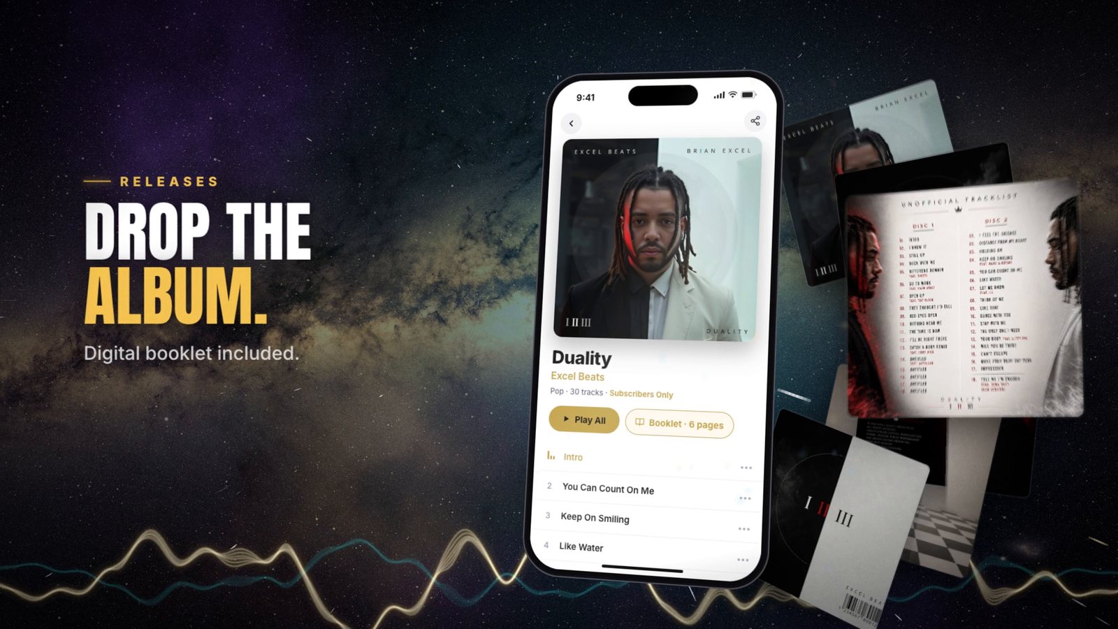 An album page in Eclipse Direct with a digital booklet fanned out beside the phone.