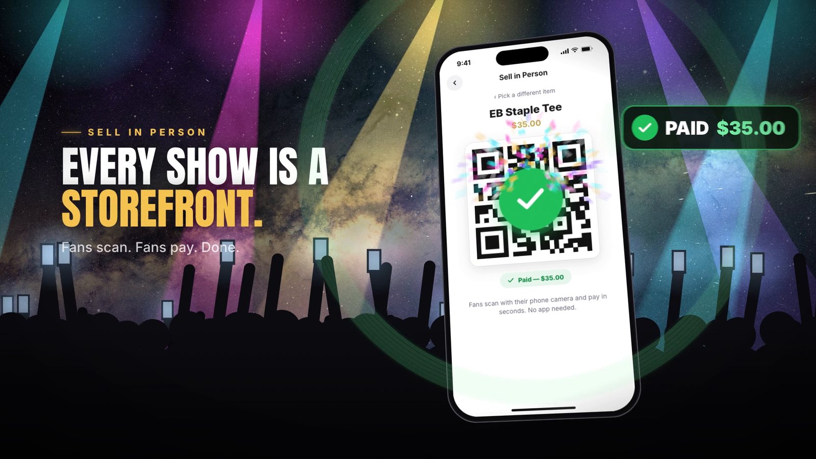A phone showing a Sell in Person QR code with a green Paid $35.00 confirmation, in front of a concert crowd.