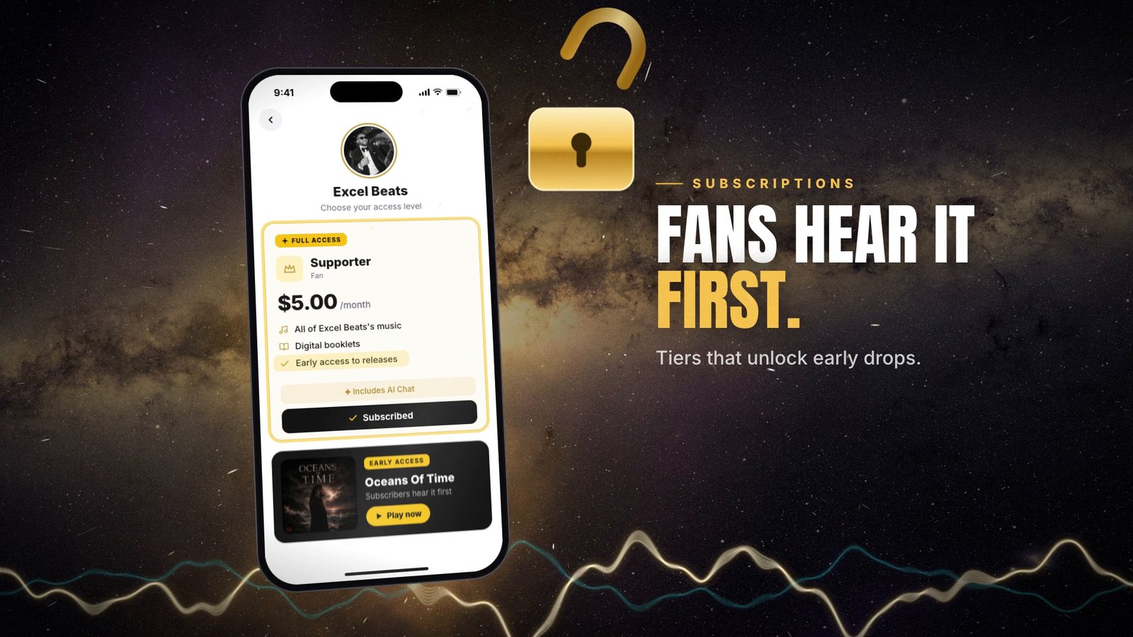 A Supporter subscription tier at $5 a month with a gold padlock unlocking beside it.